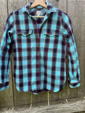 J. Crew Women’s Turquoise, Navy & Red Plaid Button-Down Shirt